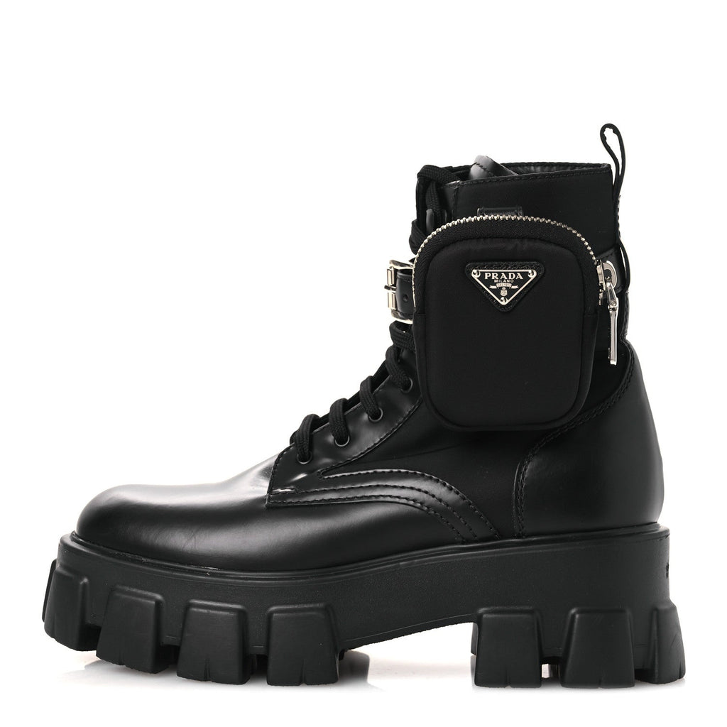 Prada Spazzolato Rois Nylon Metal Triangle Logo Monolith Pouch Pocket 55mm Boots 38 Black