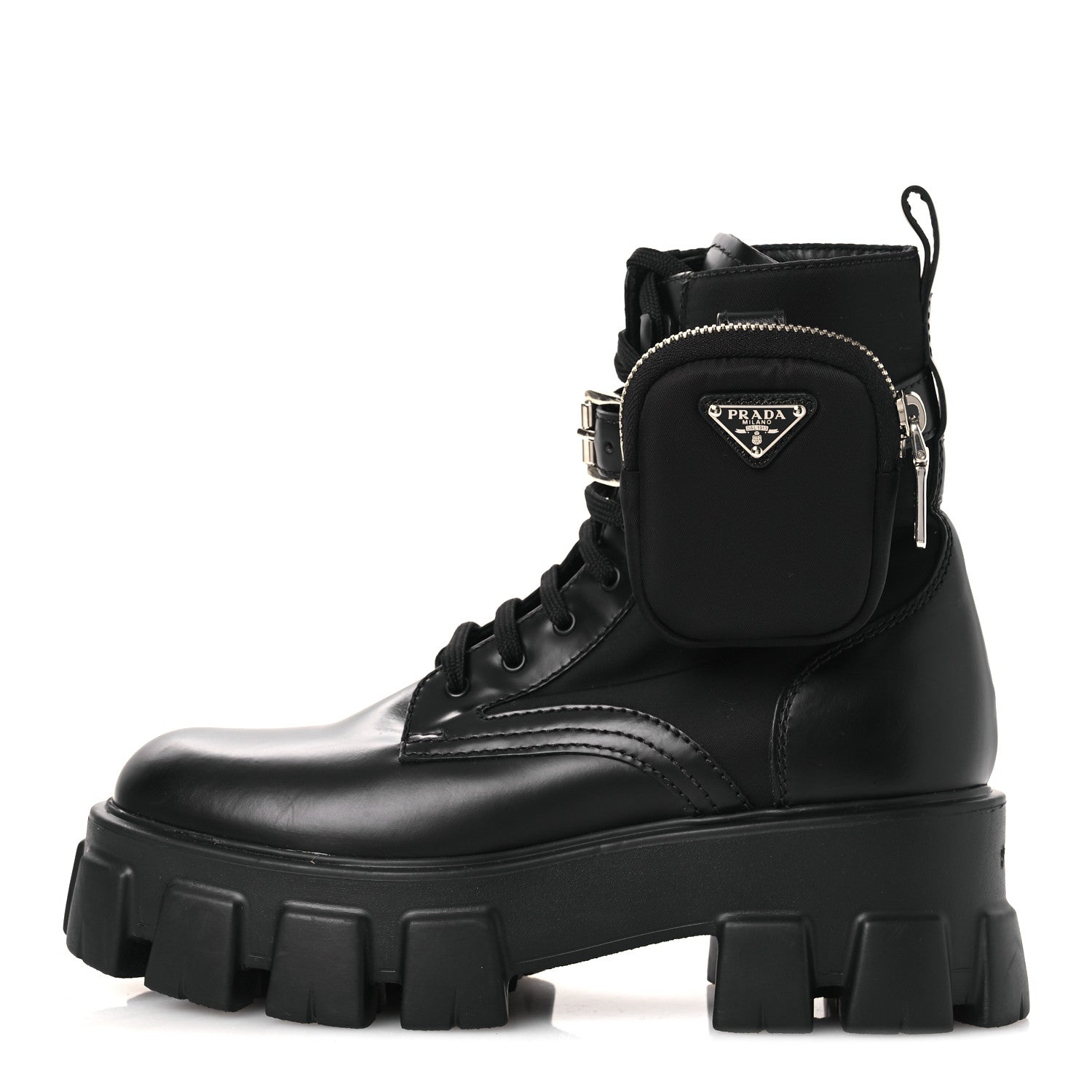 Prada Spazzolato Rois Nylon Metal Triangle Logo Monolith Pouch Pocket 55mm Boots 38 Black