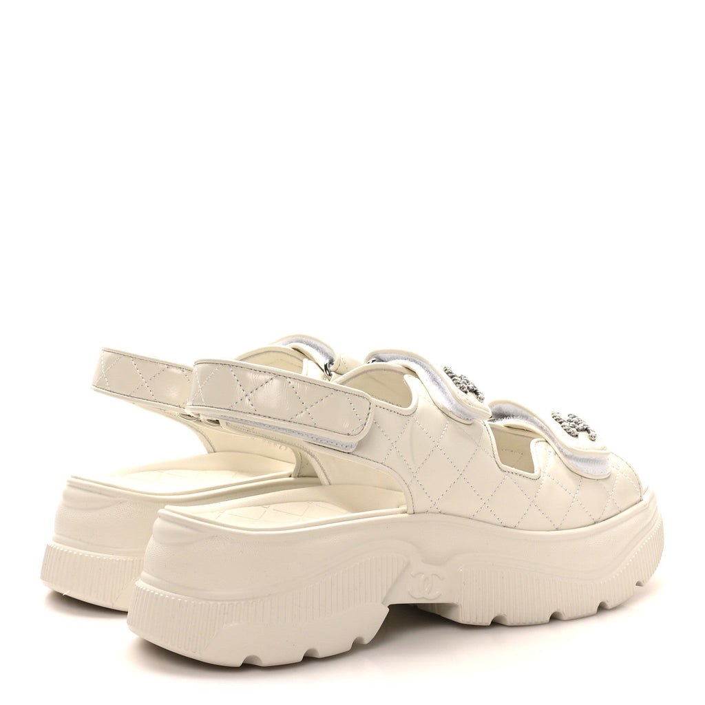 Chanel Shiny Calfskin Chain CC Velcro Dad Platform Sandals 39 White
