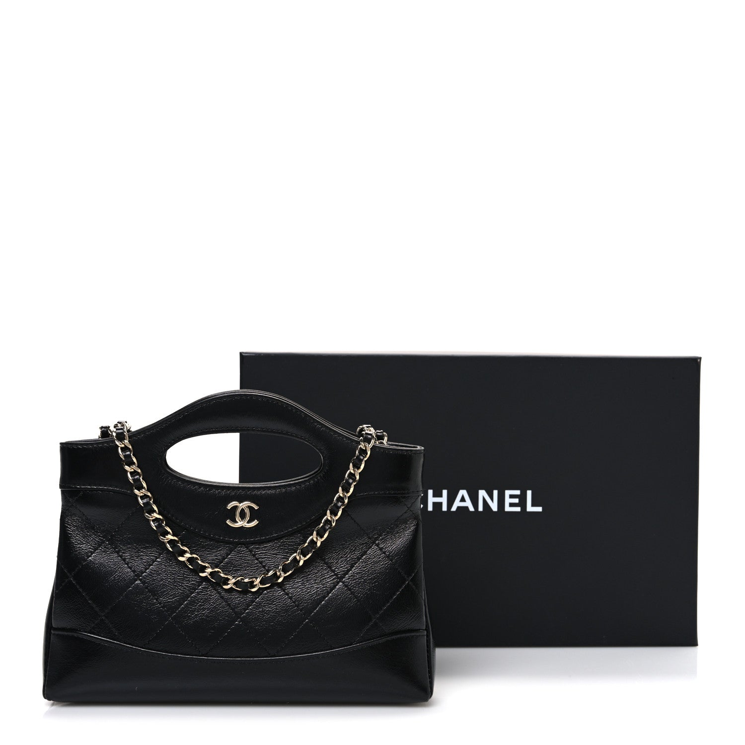 Chanel Shiny Crumpled Calfskin Quilted Nano 31 Shopping Bag Black