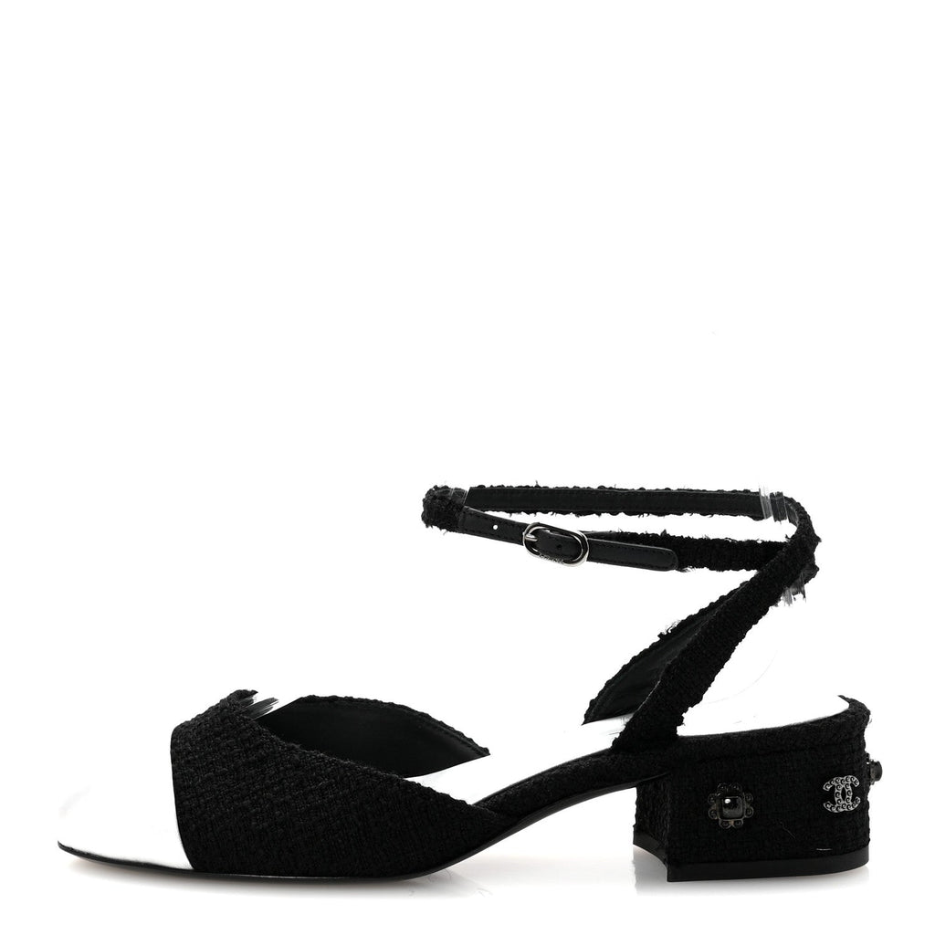 Chanel Tweed Iridescent Calfskin Cap Toe CC Slingback Pumps 37 Black Silver