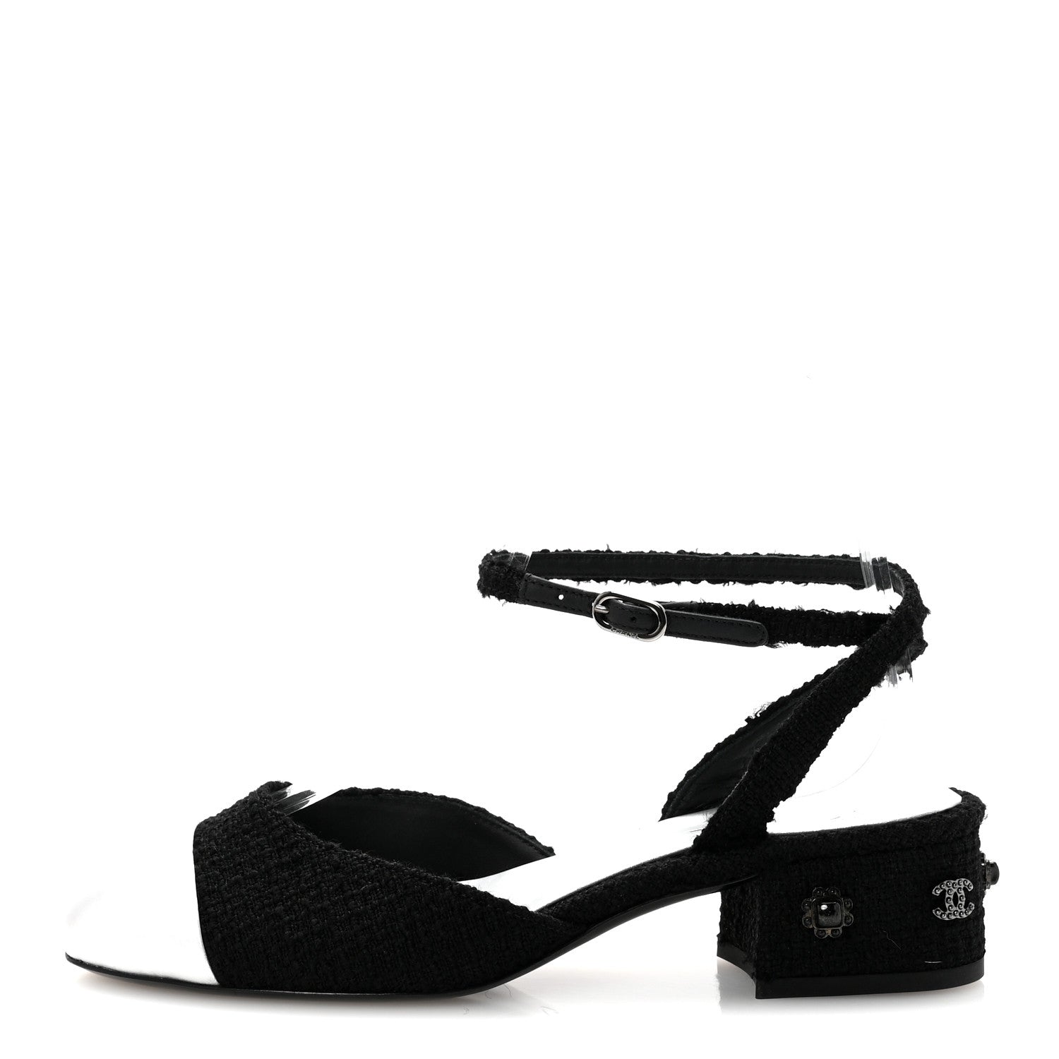 Chanel Tweed Iridescent Calfskin Cap Toe CC Slingback Pumps 37 Black Silver