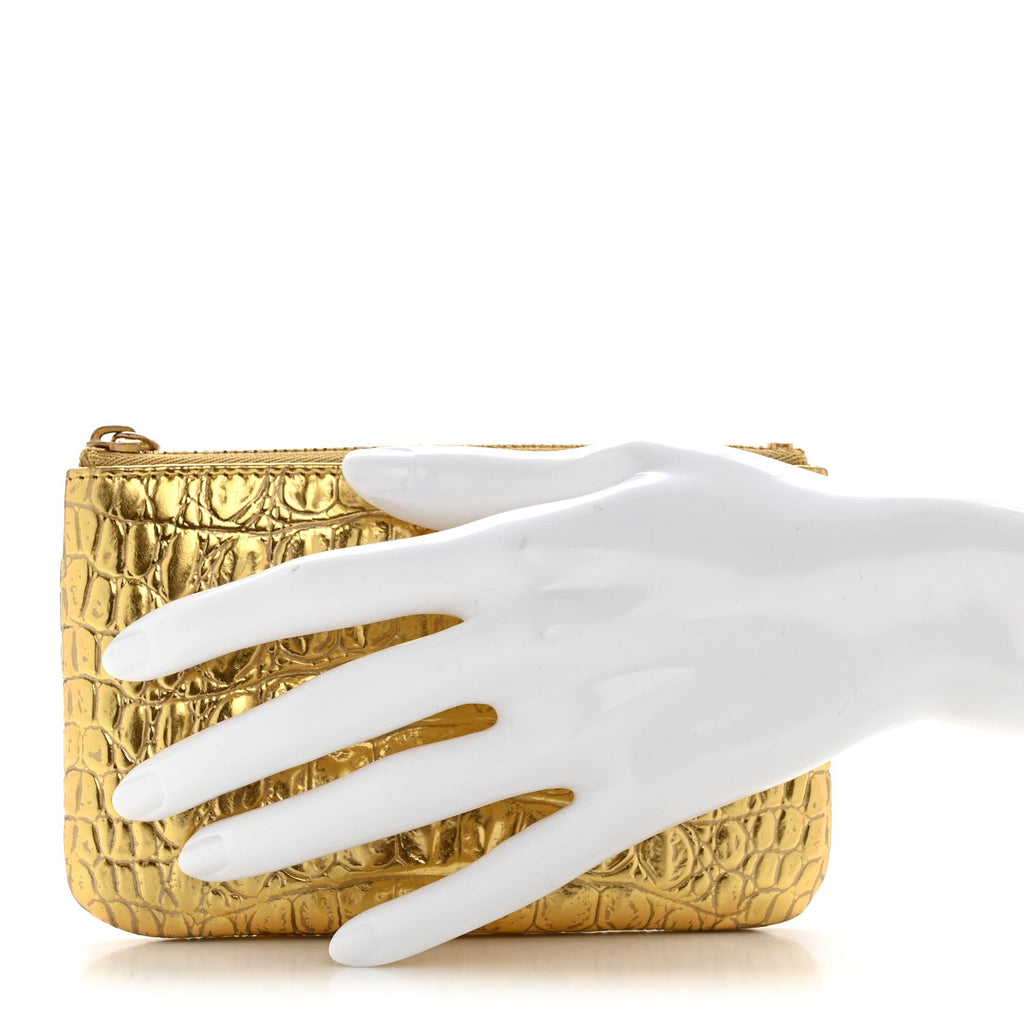Metallic Calfskin Crocodile Embossed Cocodile Small Cosmetic Case Gold