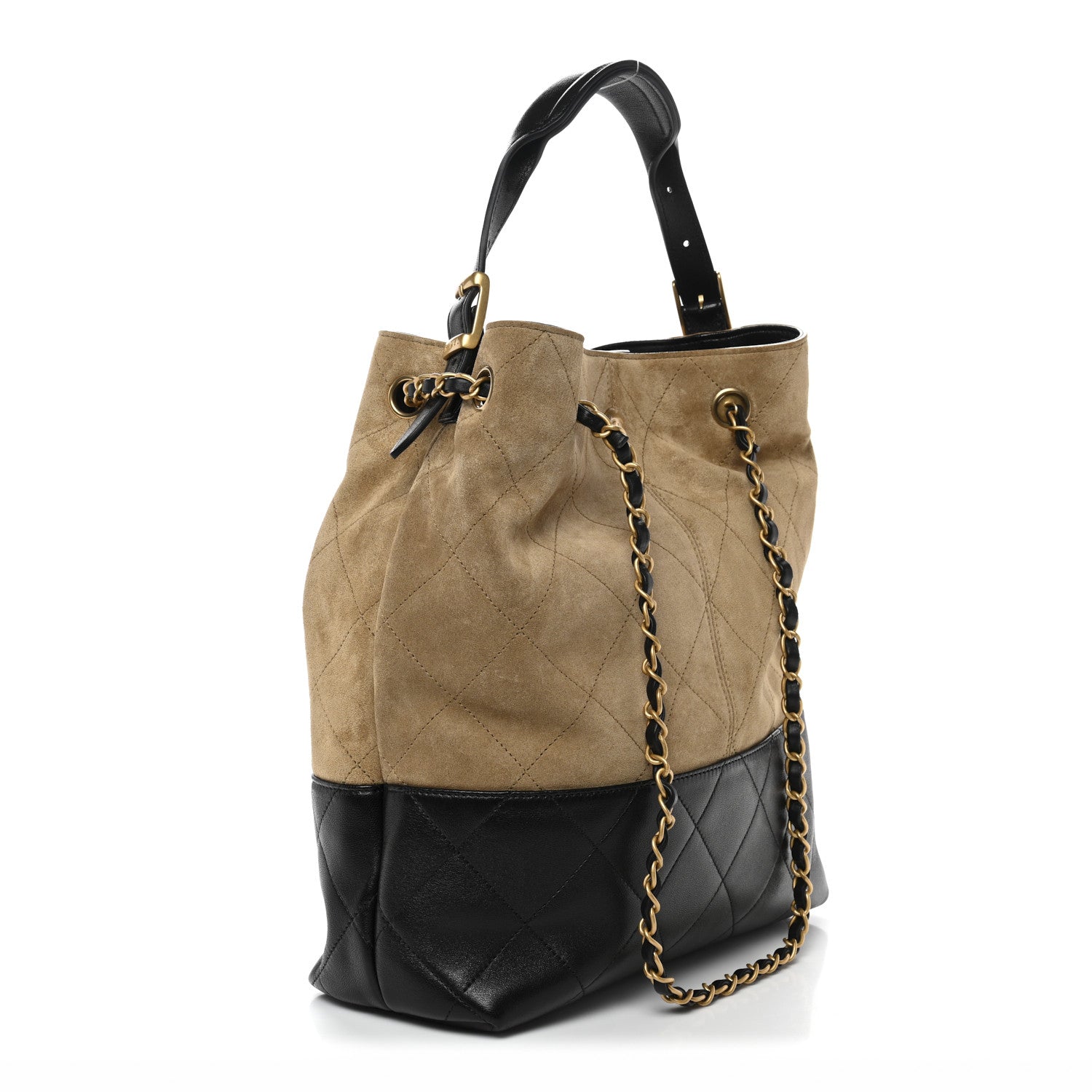 Chanel Suede Calfskin Shiny Lambskin Quilted Coco Base Shopping Bag Beige Black