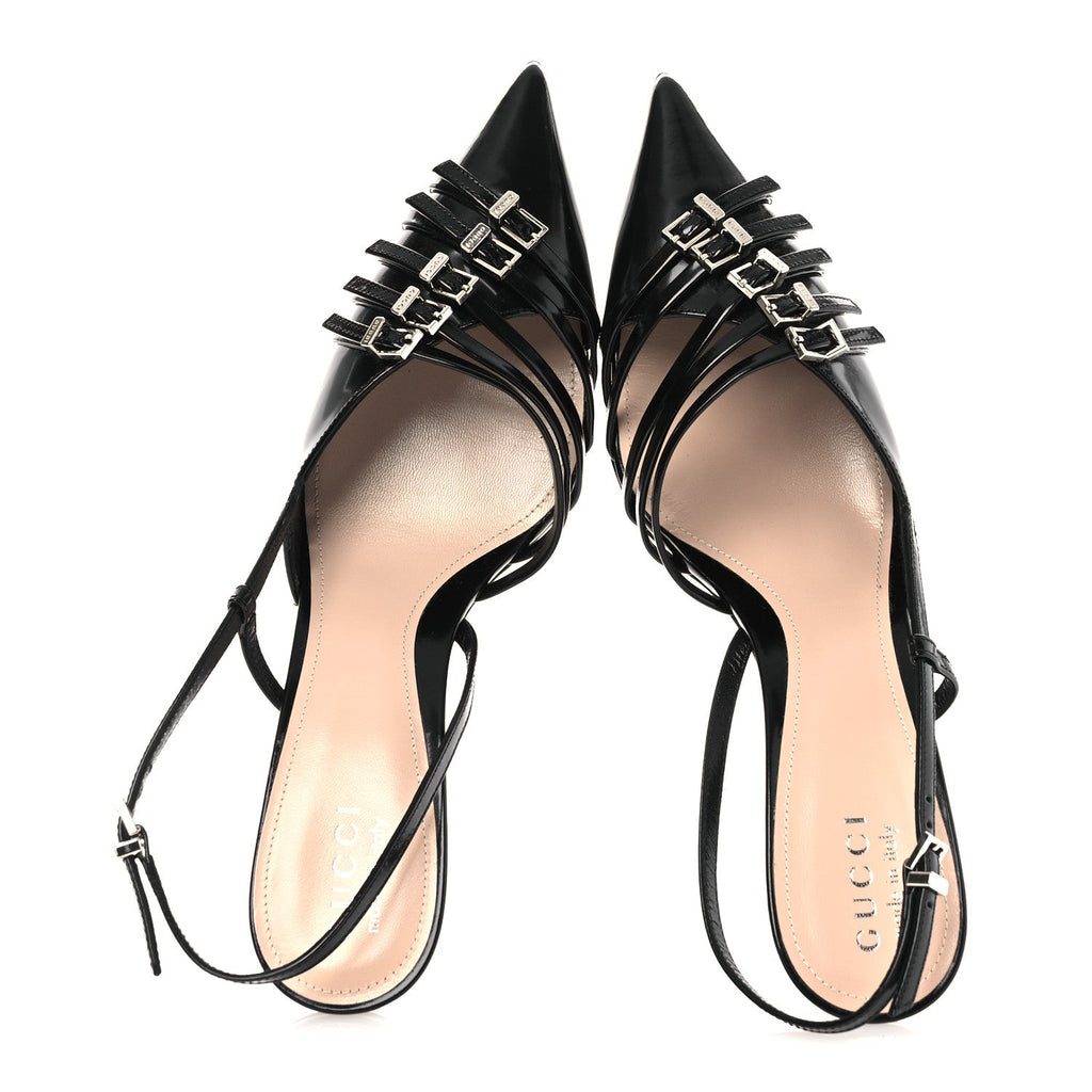 Gucci Patent Regent Calfskin Walma 65 Buckle Slingback Pumps 38 Black