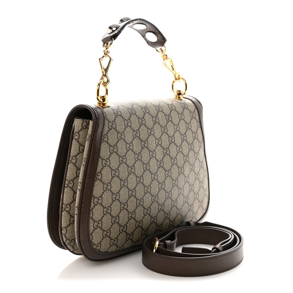 Gucci GG Supreme Monogram Textured Dollar Calfskin Web Medium Blondie Top Handle Shoulder Flap Bag Beige Ebony New Acero