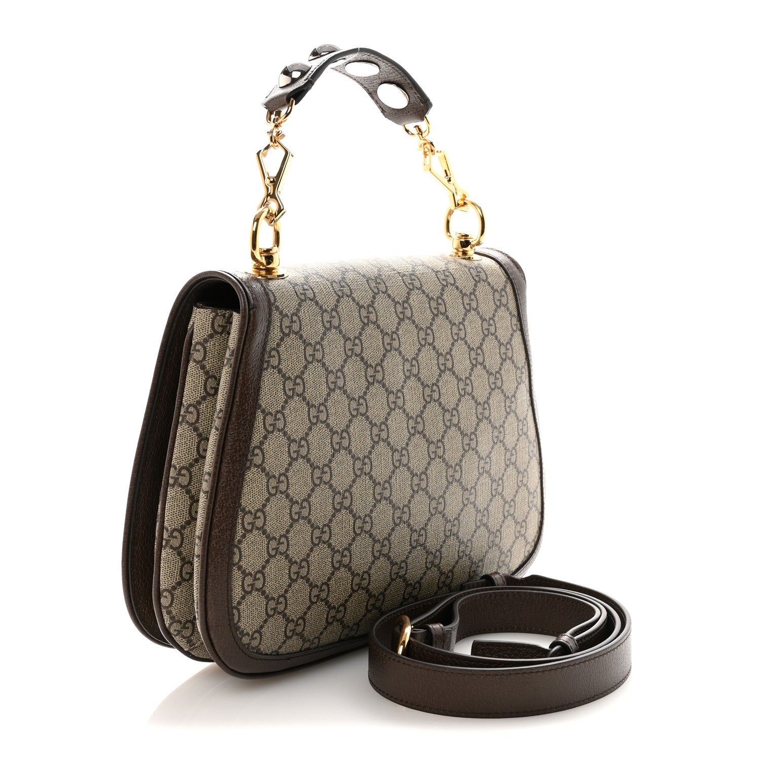 Gucci GG Supreme Monogram Textured Dollar Calfskin Web Medium Blondie Top Handle Shoulder Flap Bag Beige Ebony New Acero