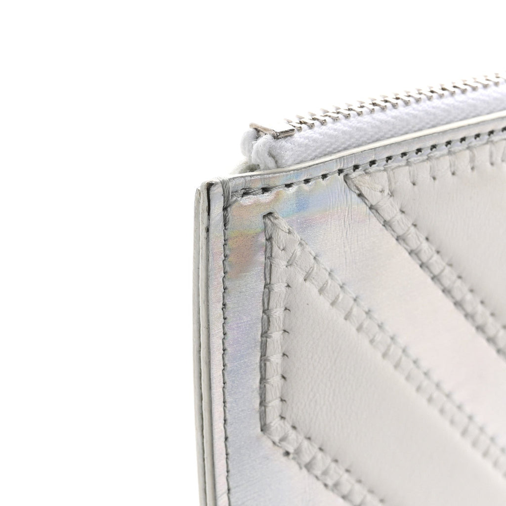 Lambskin Metallic Chevron Zip Pouch White Silver