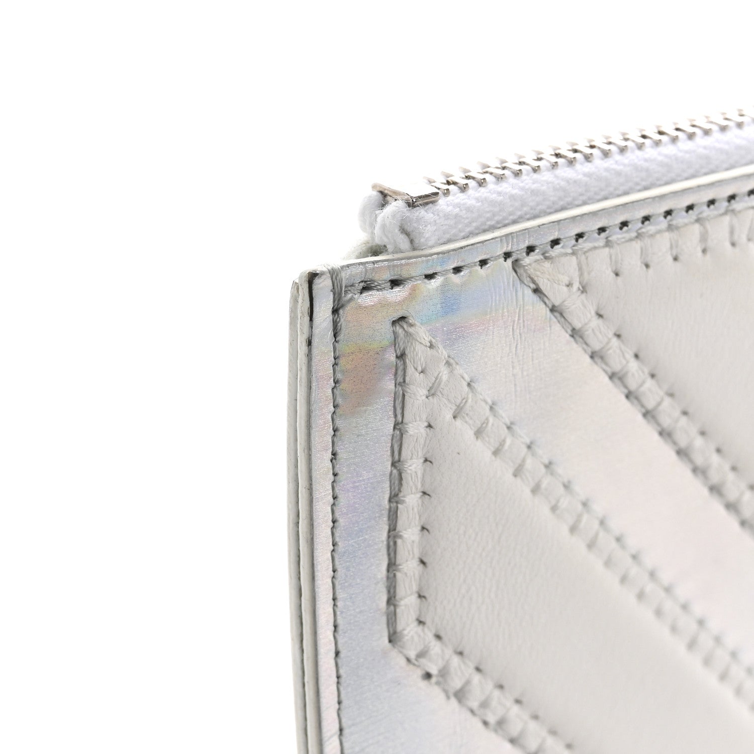 Lambskin Metallic Chevron Zip Pouch White Silver