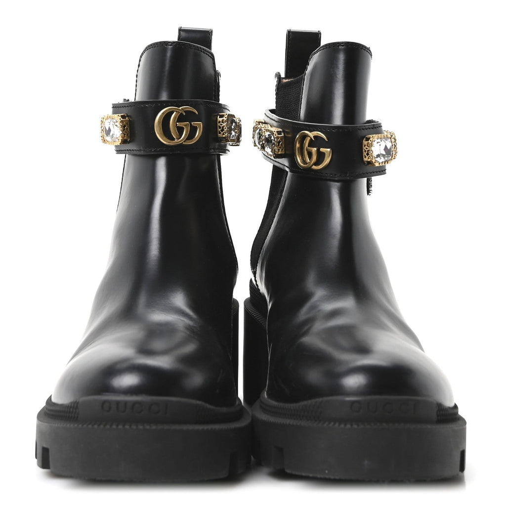 Gucci Calfskin Crystal GG Trip Chelsea Ankle Boots 35 Black