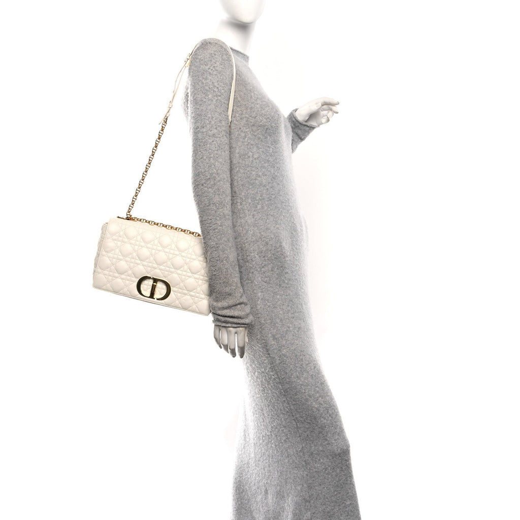 Christian Dior Grained Calfskin Cannage Large Caro Bag Ivory