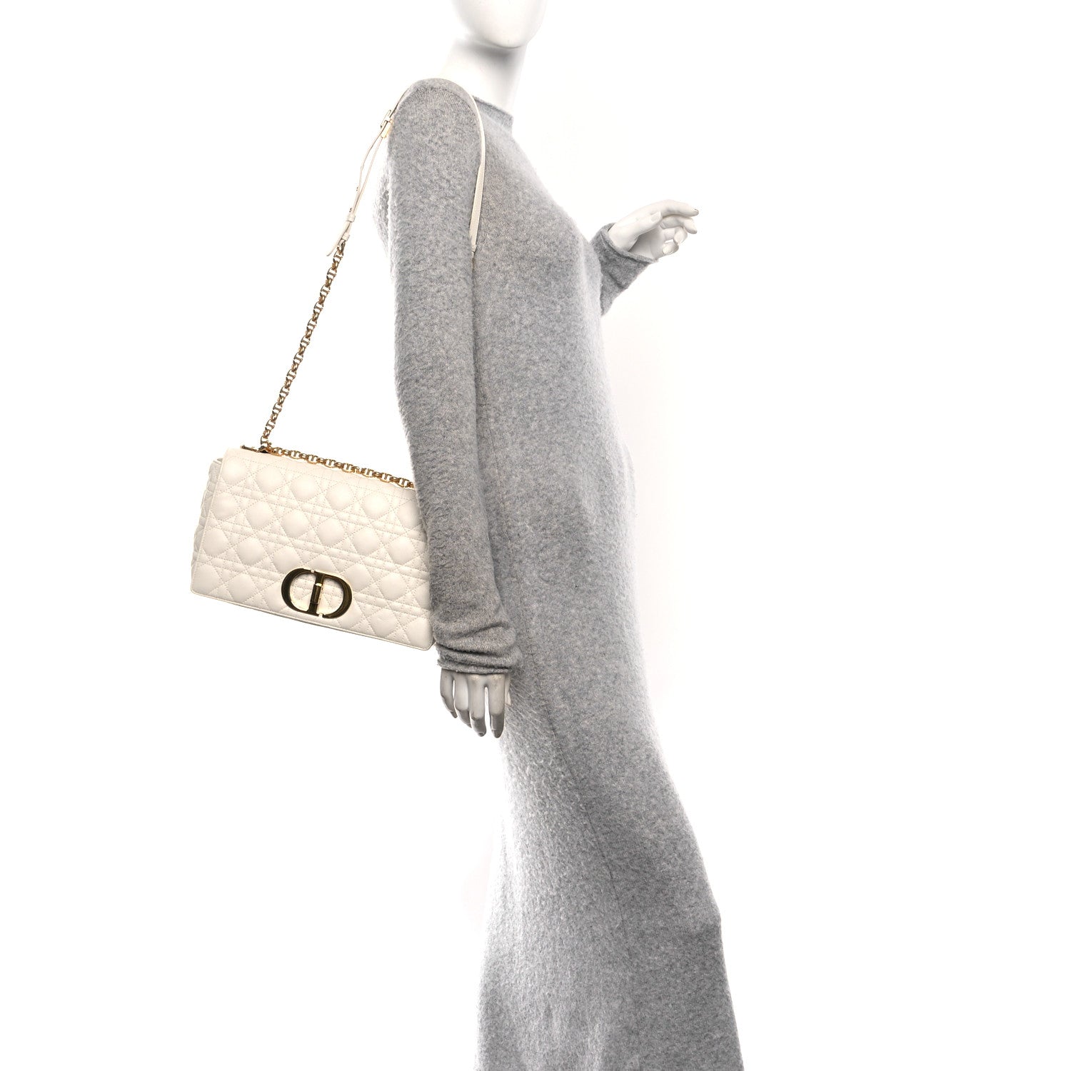 Christian Dior Grained Calfskin Cannage Large Caro Bag Ivory