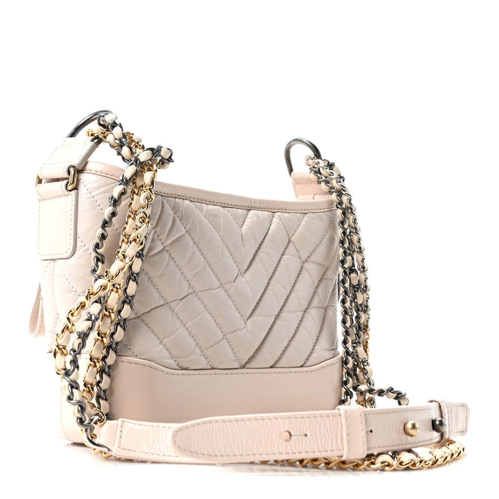Chanel Aged Calfskin Chevron Quilted Small Gabrielle Hobo Beige