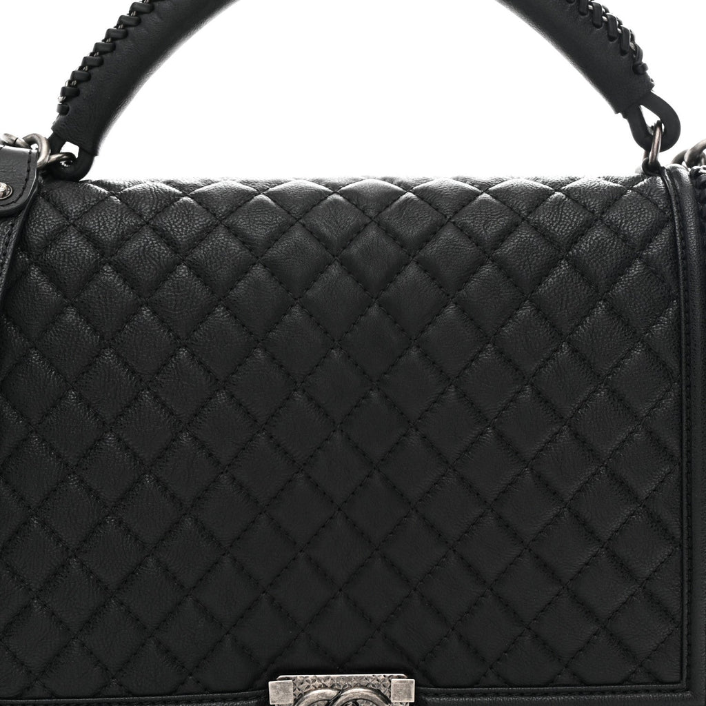 Calfskin Quilted Large Boy Top Handle Flap Black