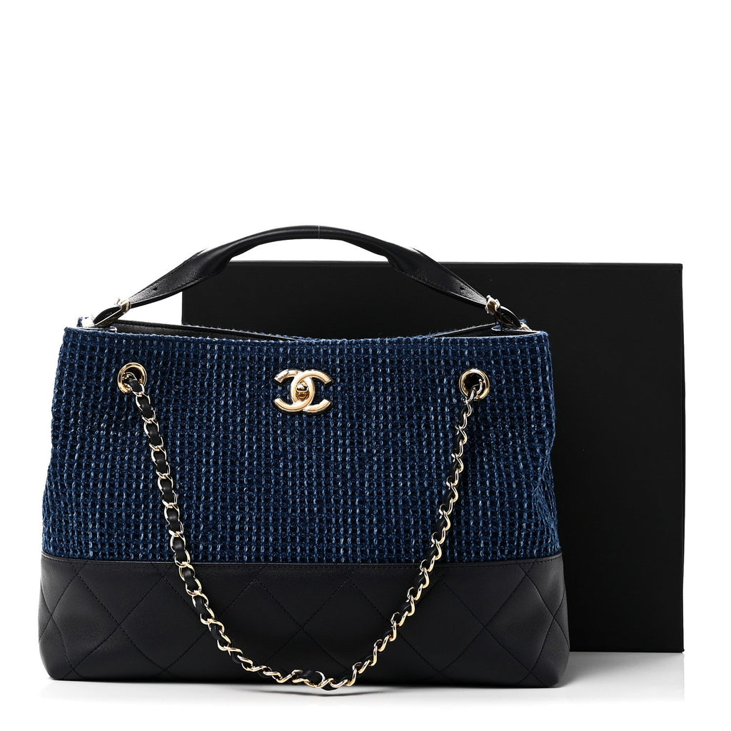 Chanel Tweed Shiny Lambskin Quilted Coco Base Small Shopping Bag Dark Blue