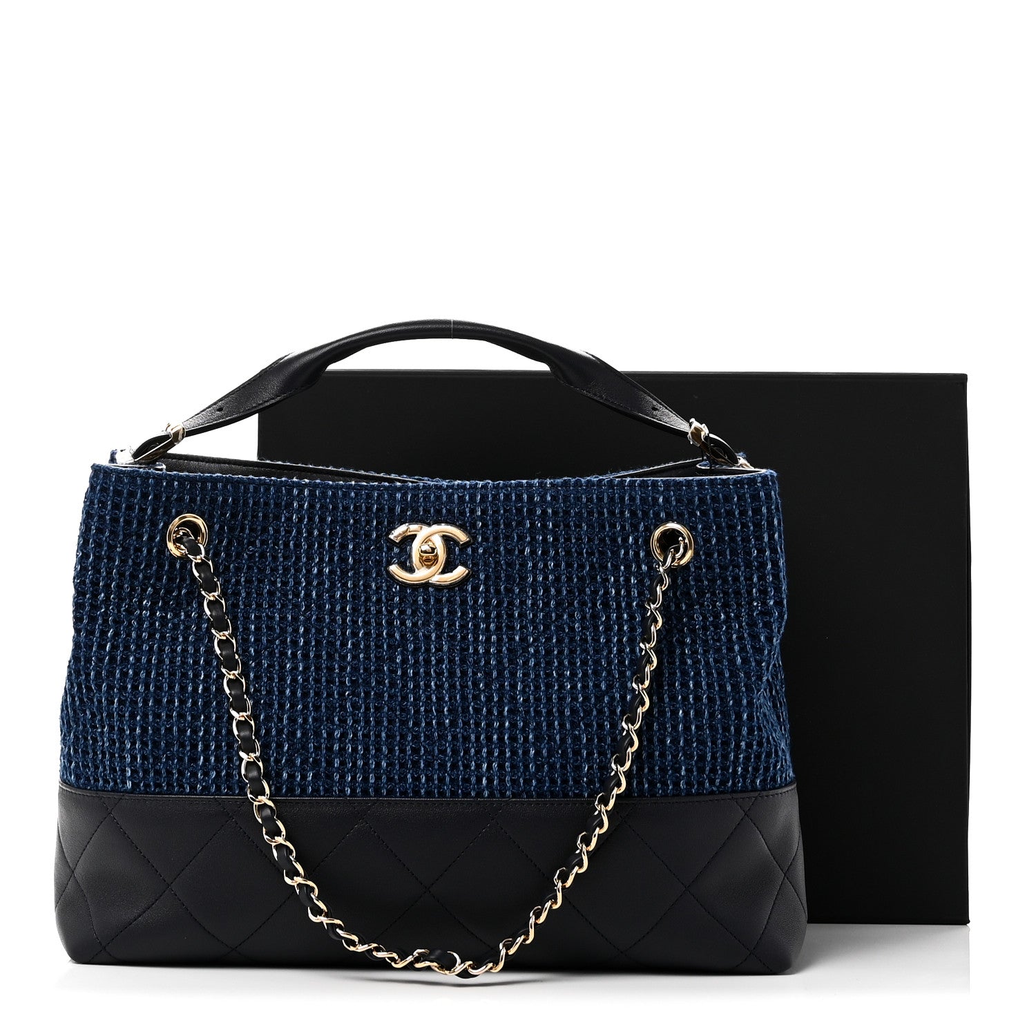 Chanel Tweed Shiny Lambskin Quilted Coco Base Small Shopping Bag Dark Blue