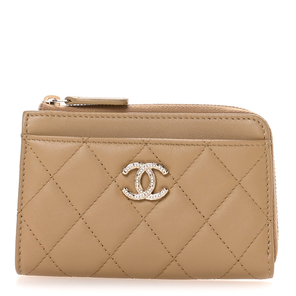 Lambskin Quilted Crystal CC Zip Card Holder Dark Beige