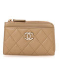 Lambskin Quilted Crystal CC Zip Card Holder Dark Beige