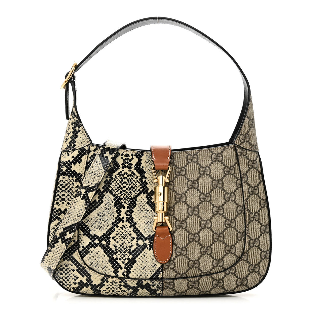 Gucci GG Supreme Monogram Snakeskin Small Jackie 1961 Hobo Beige Ebony