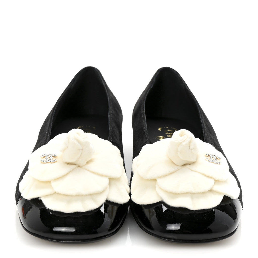 Chanel Suede Patent Cap Toe Camellia Ballerina Flats 39.5 Black White