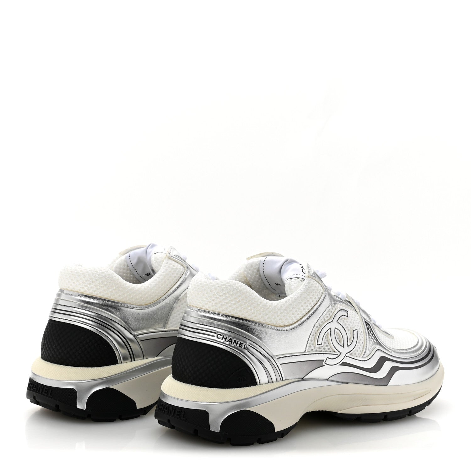 Fabric Laminated Calfskin Stretch CC Sneakers 39.5 White Silver