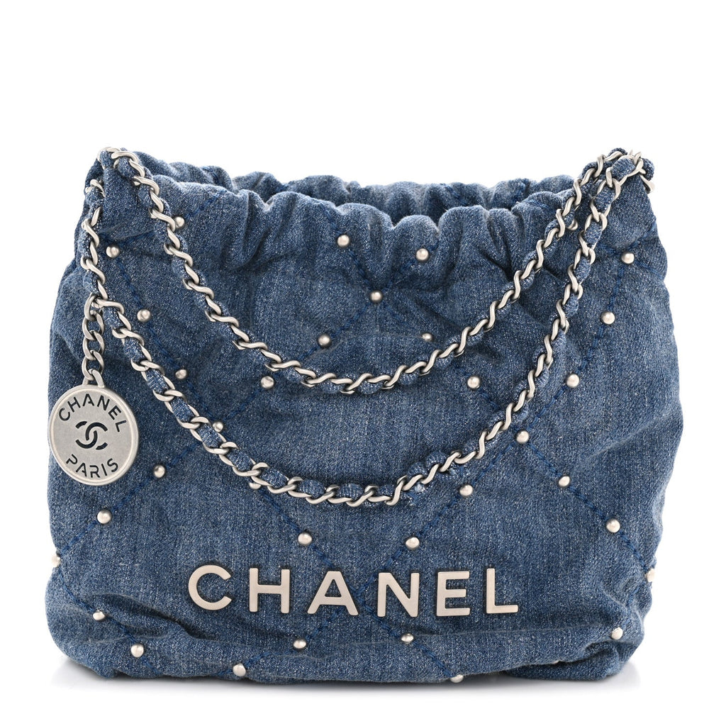 Chanel Washed Denim Quilted Studded Mini Chanel 22 Blue
