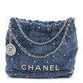 Chanel Washed Denim Quilted Studded Mini Chanel 22 Blue