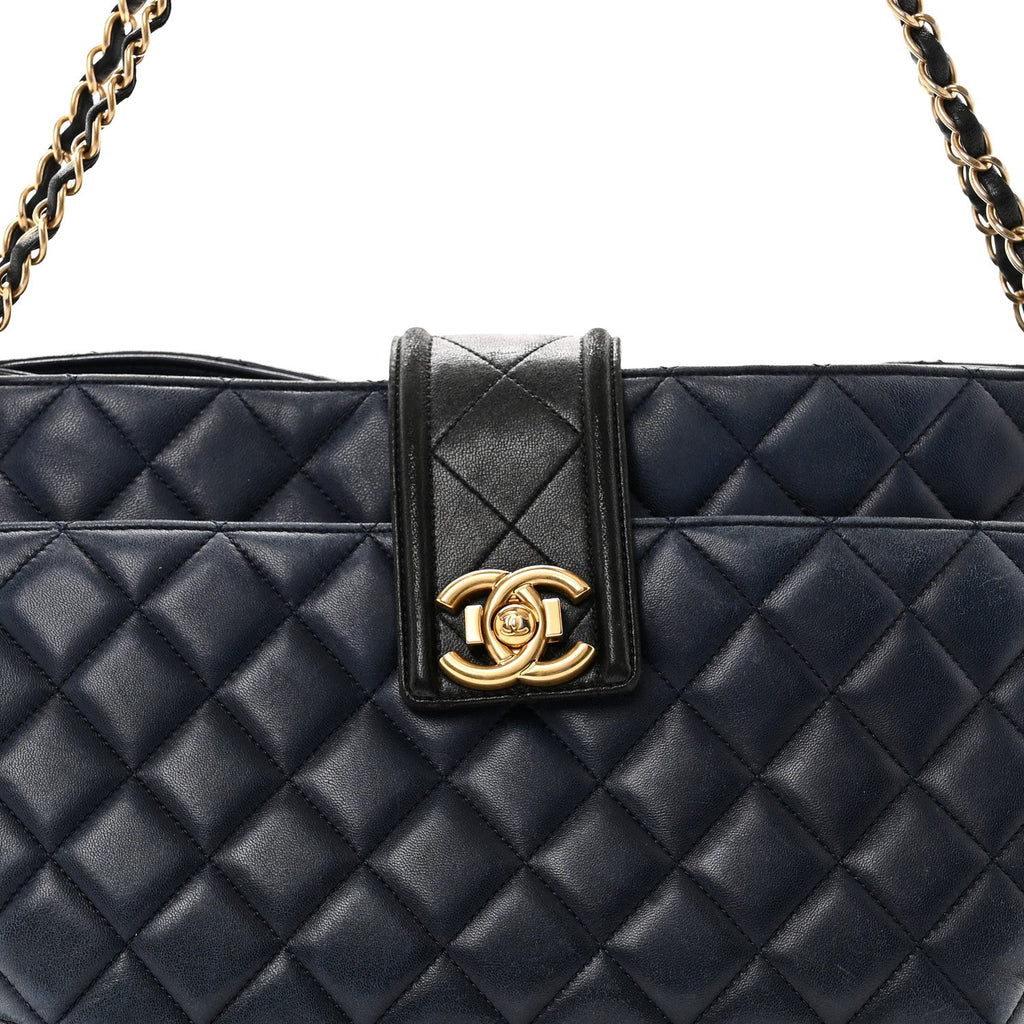 Chanel Lambskin Quilted Elegant CC Shopping Tote Navy Black