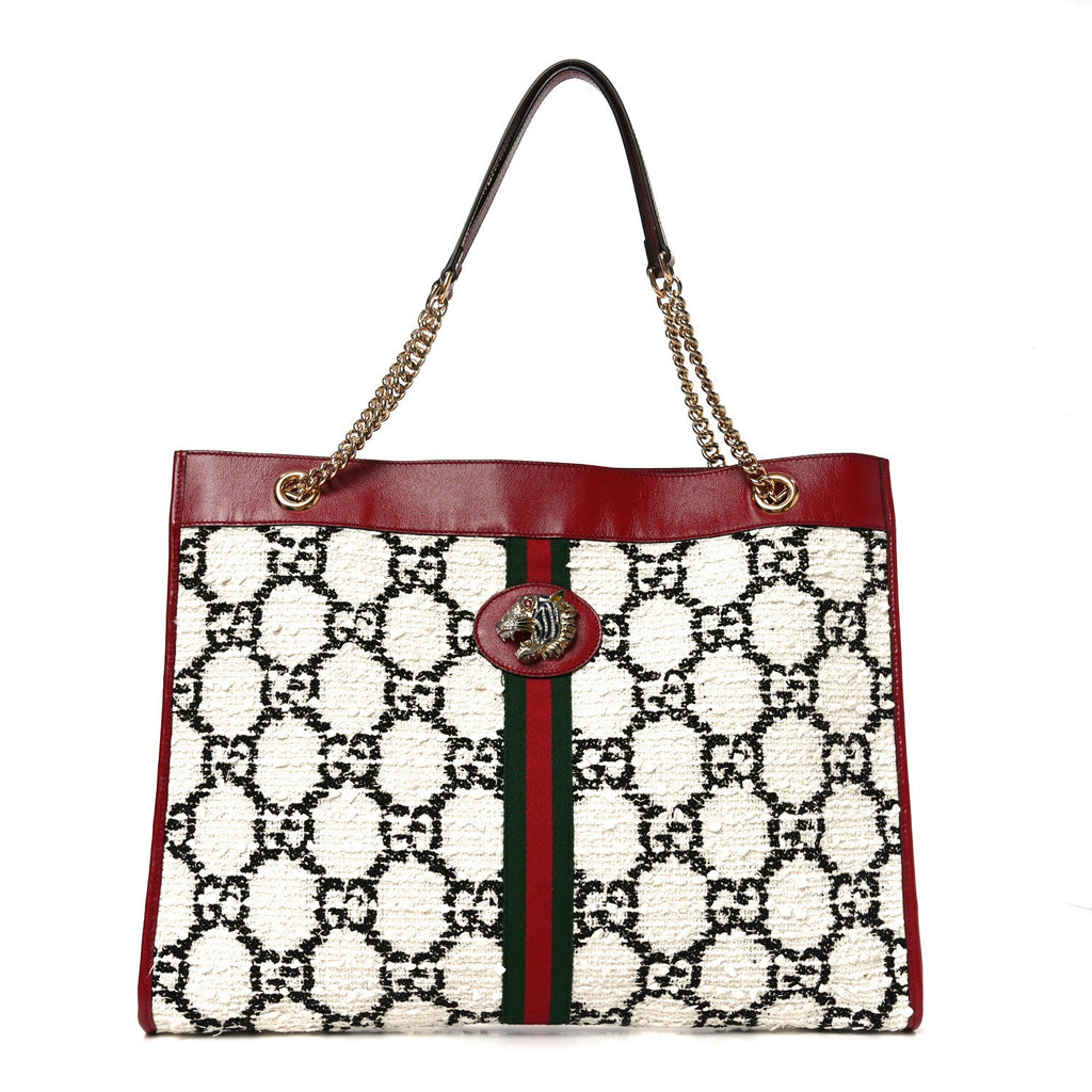 Gucci Tweed GG Monogram Large Rajah Chain Tote White Black Romantic Cherry