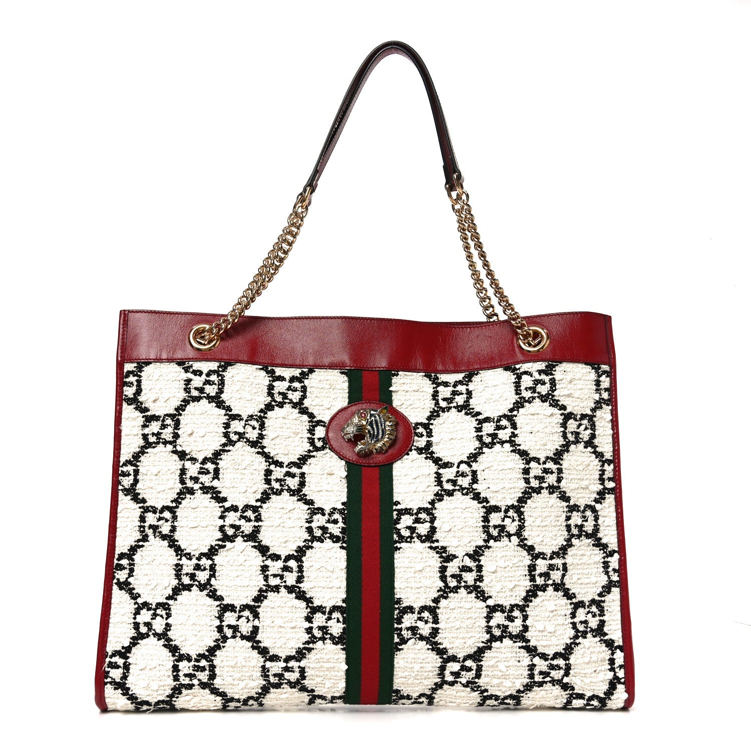 Gucci Tweed GG Monogram Large Rajah Chain Tote White Black Romantic Cherry