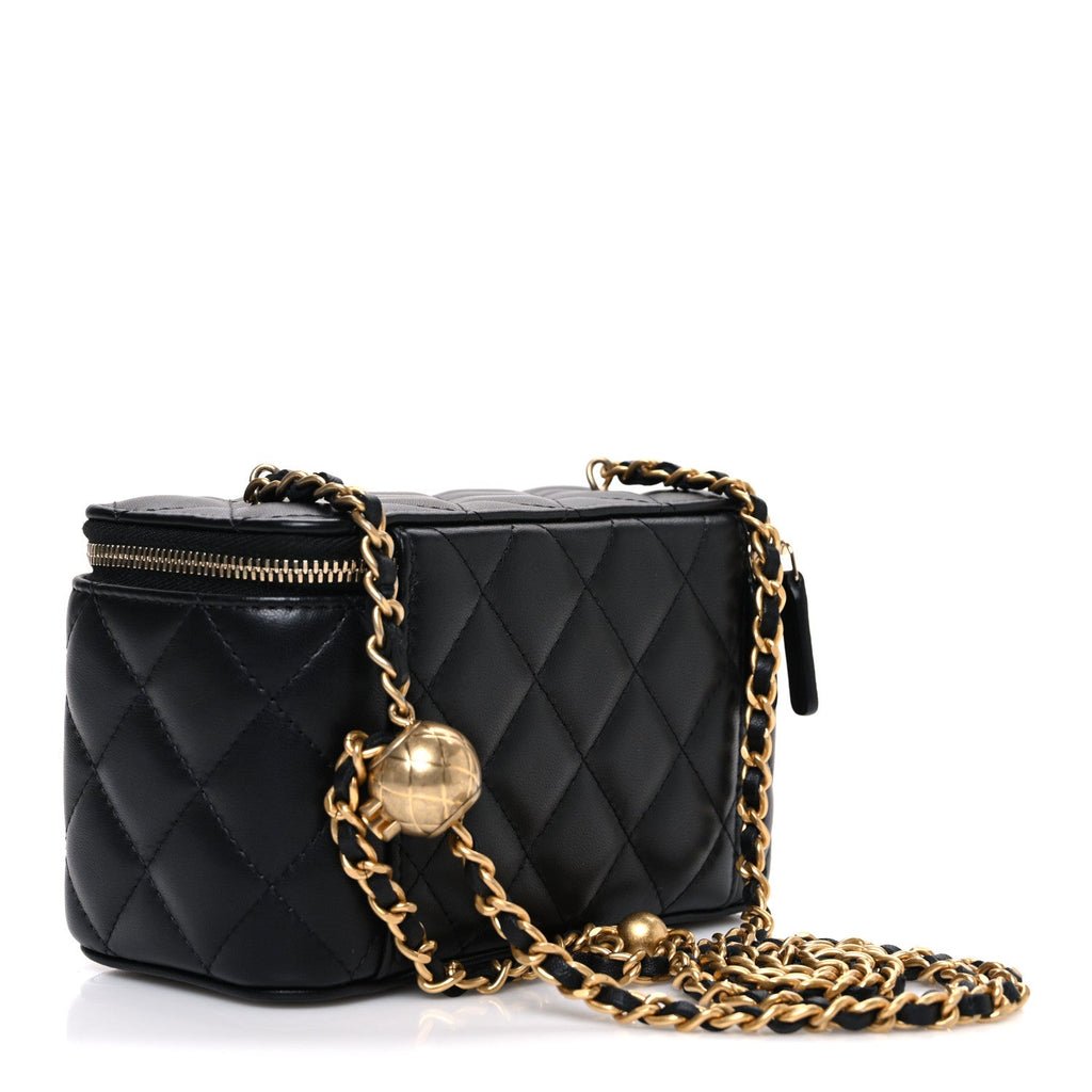 Chanel Lambskin Quilted Pearl Crush Small Vanity Case With Chain Black