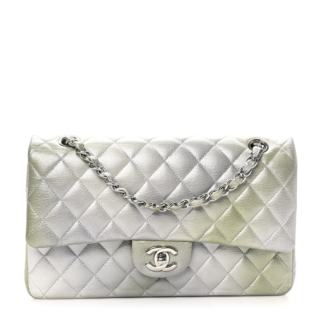 Chanel Metallic Goatskin Quilted Ombre Medium Double Flap Grey Green