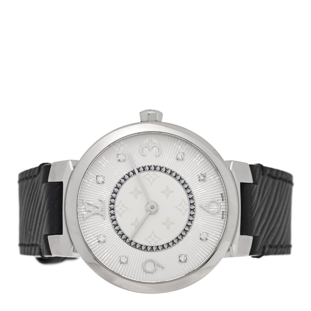 Louis Vuitton Stainless Steel Epi Diamond 33mm Tambour Slim Quartz Watch Black