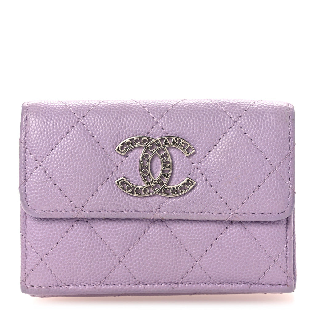 Caviar Quilted CC Logo Double Flap Wallet Light Purple