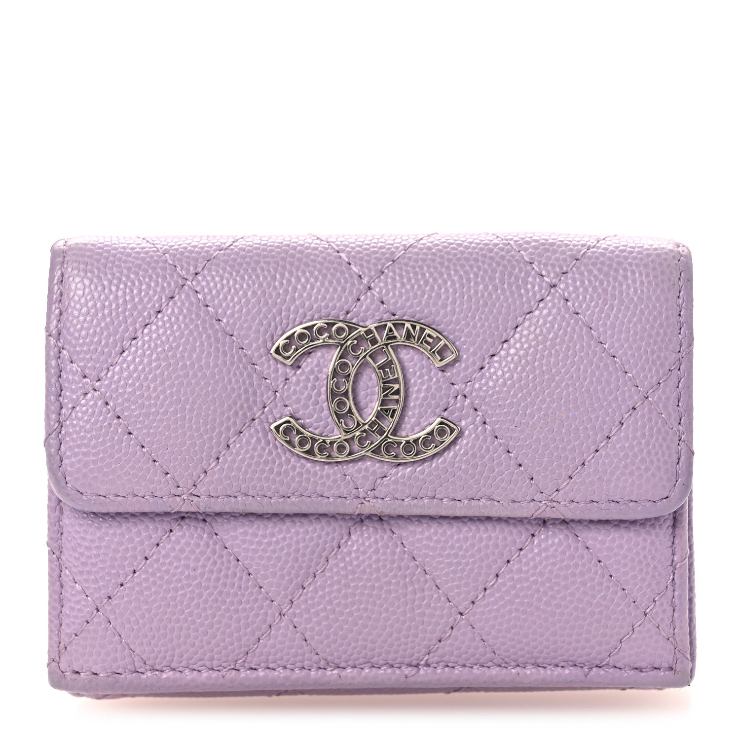 Caviar Quilted CC Logo Double Flap Wallet Light Purple