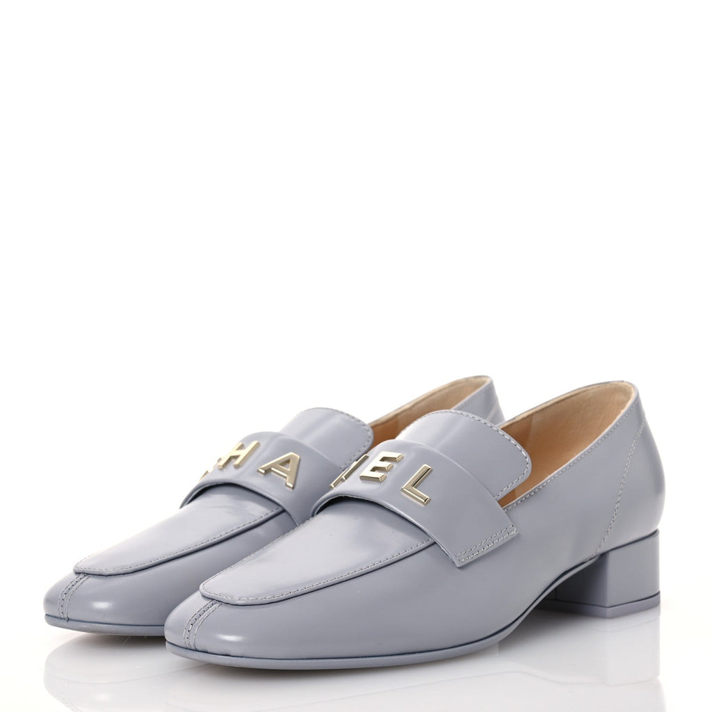 Chanel Shiny Calfskin Logo Loafers 37 Light Grey