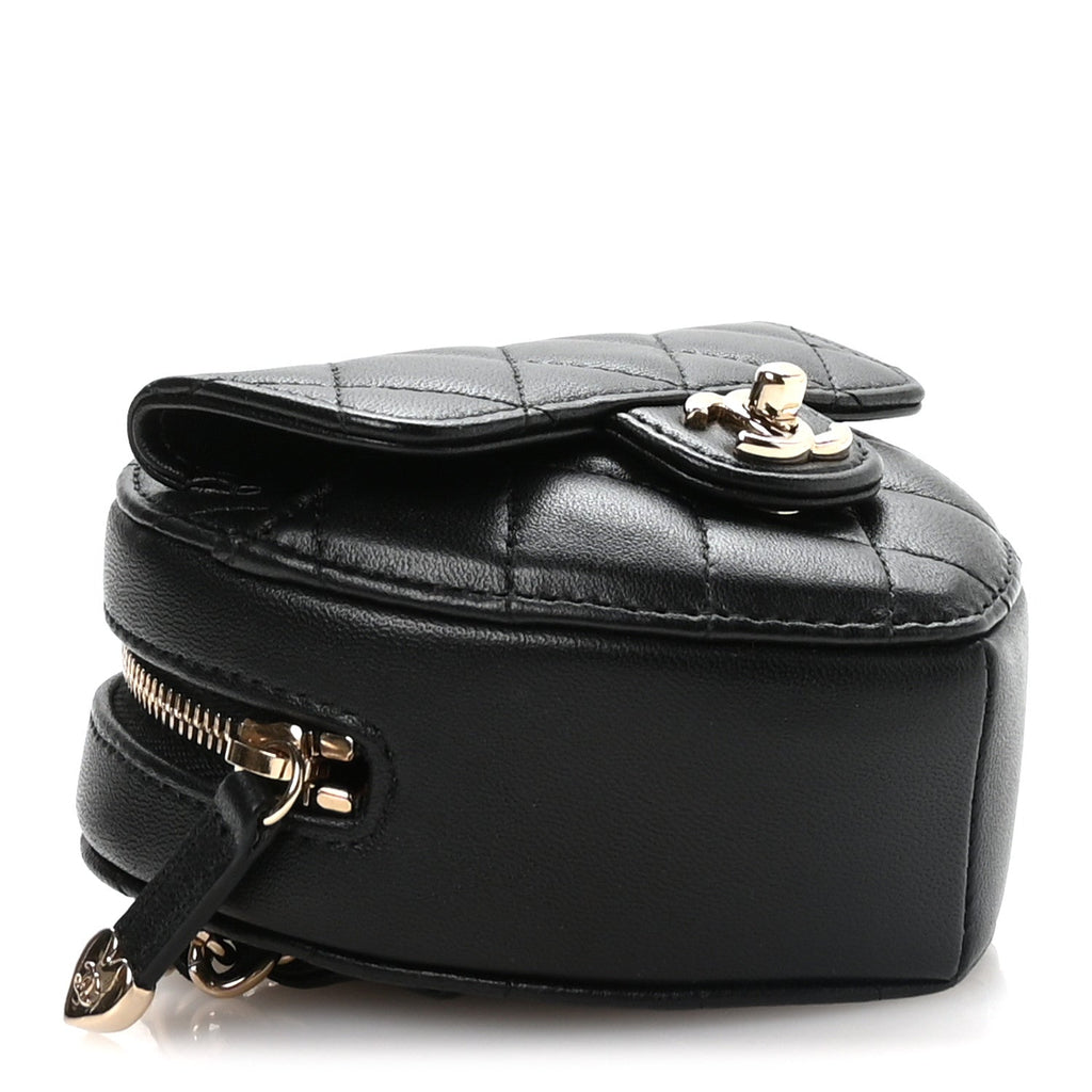 Chanel Lambskin Quilted CC In Love Heart Waist Belt Bag With Chain Black