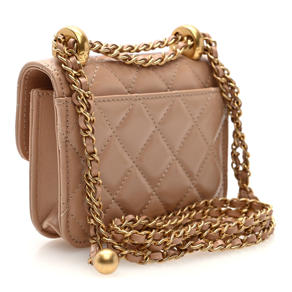 Chanel Calfskin Quilted Perfect Fit Coin Purse With Chain Beige