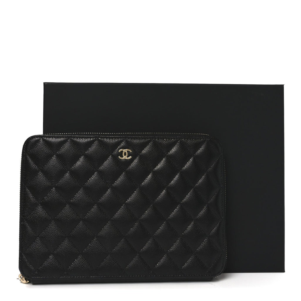 Caviar Quilted Large Zipped Clutch Black