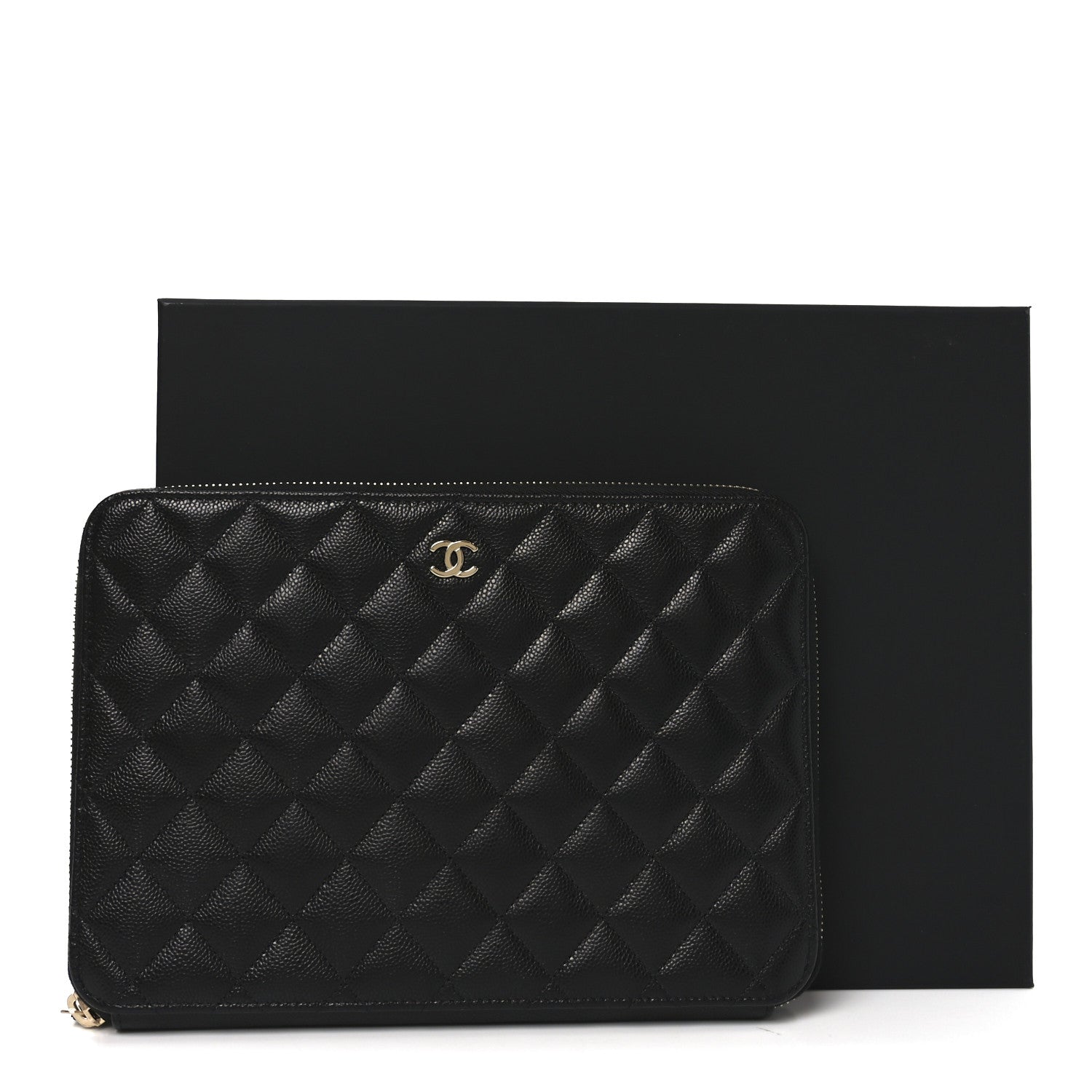 Caviar Quilted Large Zipped Clutch Black