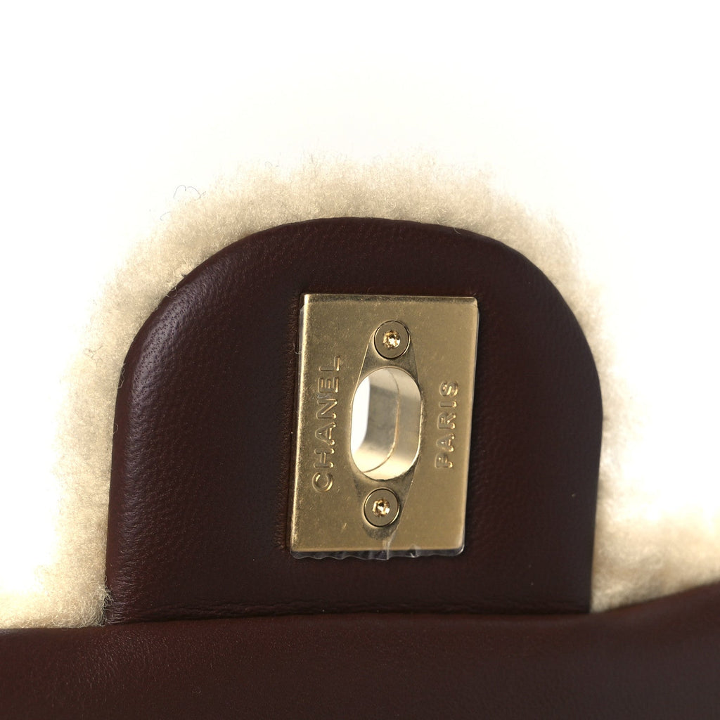 Chanel Shearling Lambskin Quilted Furry Coco Flap Dark Brown Beige