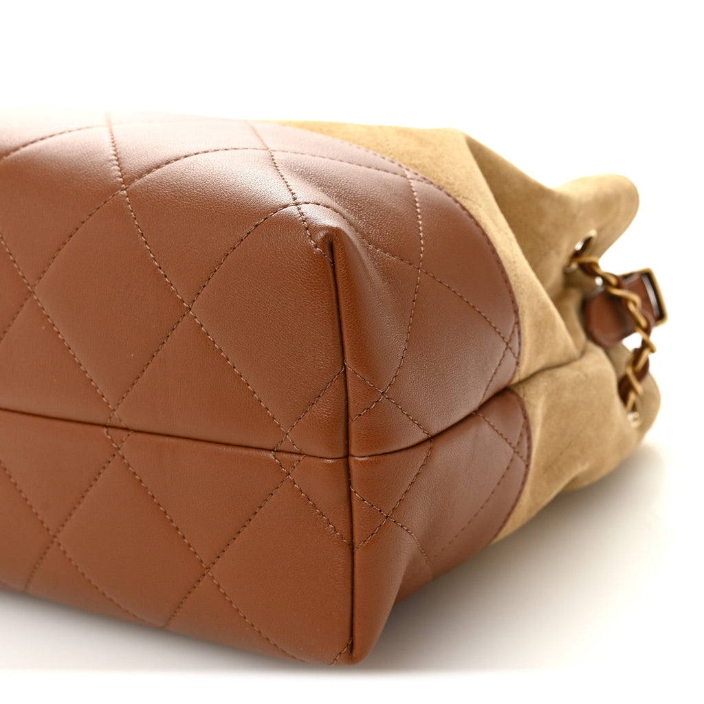 Chanel Suede Calfskin Shiny Lambskin Quilted Small Coco Base Shopping Bag Beige Brown