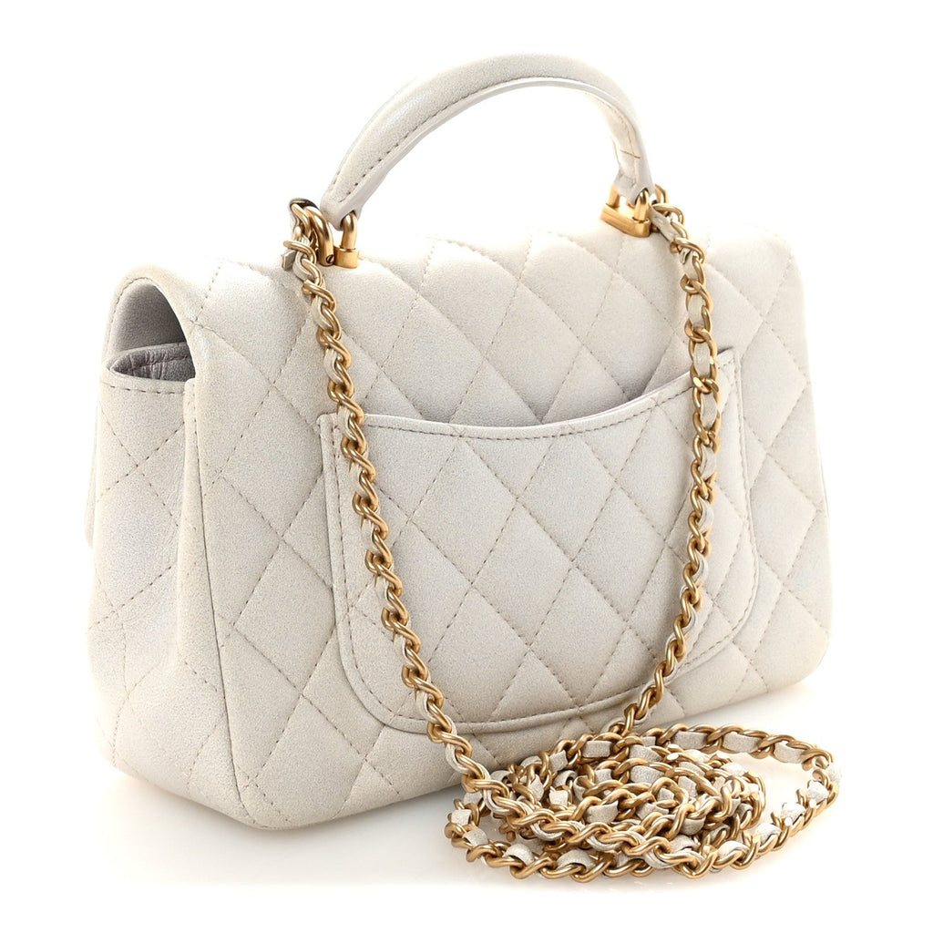 Chanel Iridescent Lambskin Quilted Mini Top Handle Rectangular Flap White