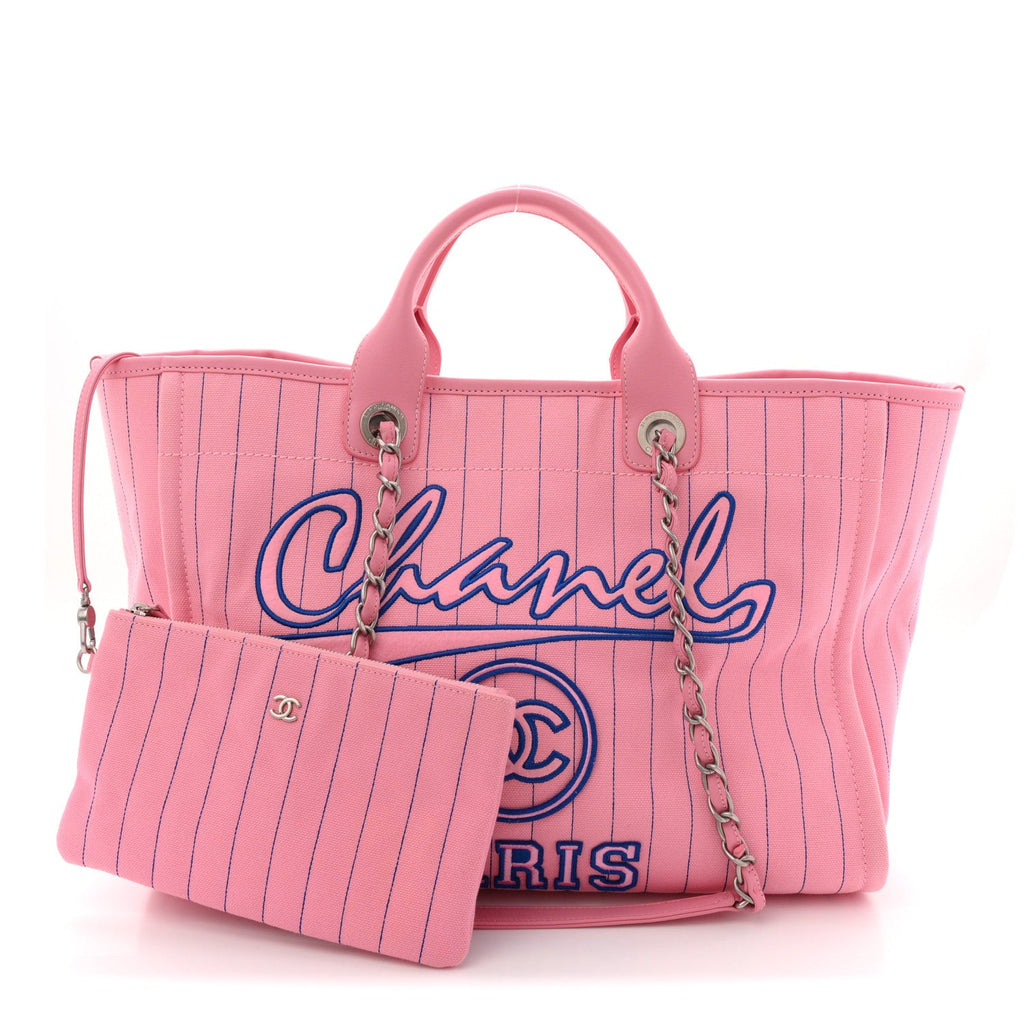 Chanel Canvas Calfskin Striped Large Deauville Tote Pink Blue