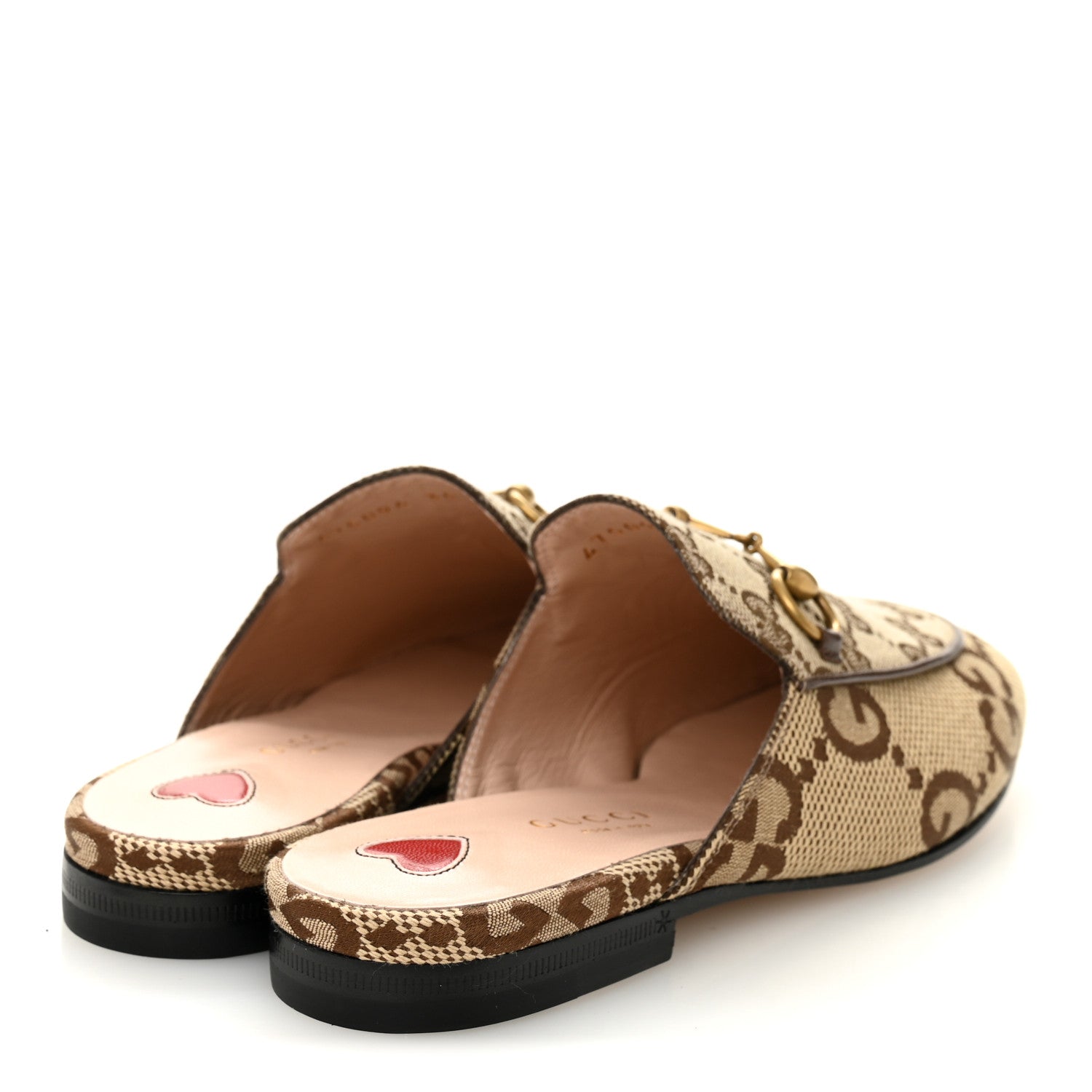 Gucci Monogram Jumbo GG Malaga Kid Womens Princetown Slippers 35 Camel Ebony New Acero Beige