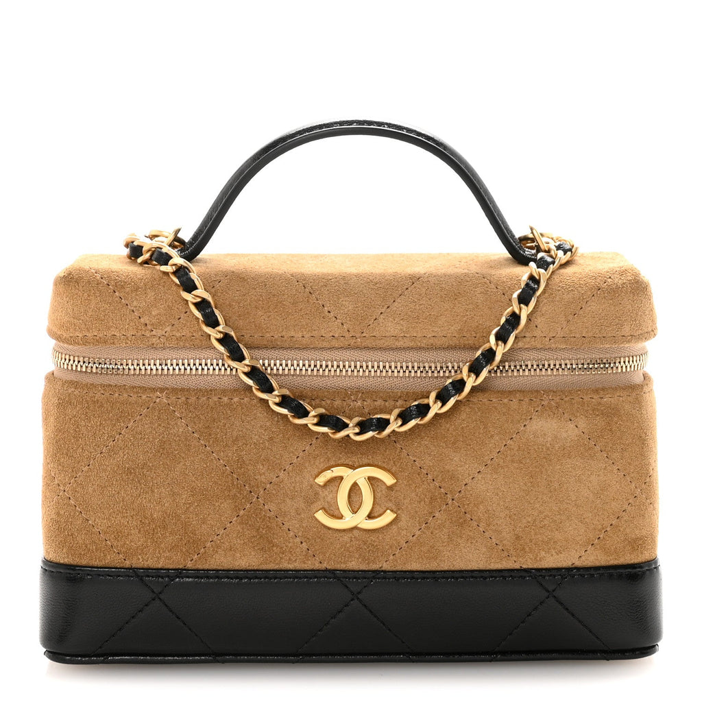 Chanel Suede Calfskin Shiny Lambskin Quilted Top Handle Slim Vanity Case With Chain Beige Black
