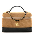 Chanel Suede Calfskin Shiny Lambskin Quilted Top Handle Slim Vanity Case With Chain Beige Black