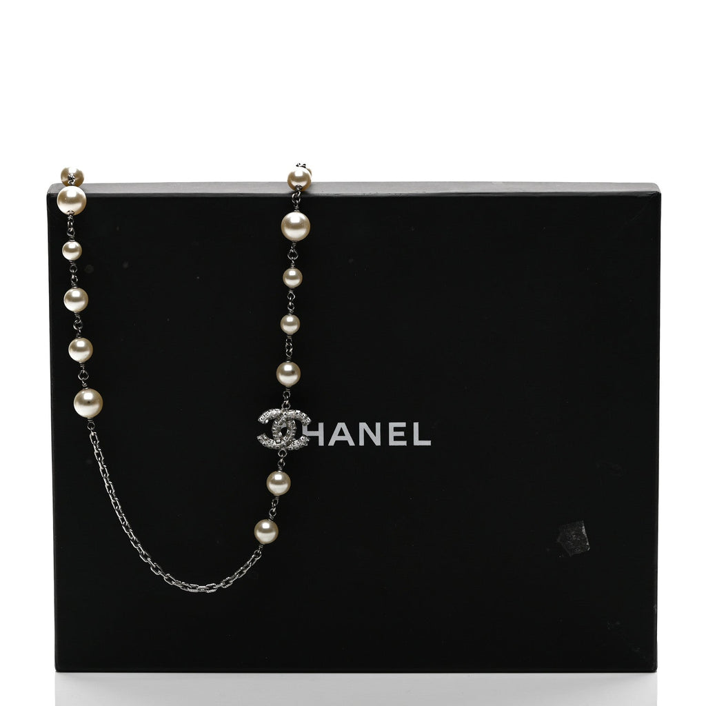 Graduated Pearl Crystal CC Long Necklace Silver
