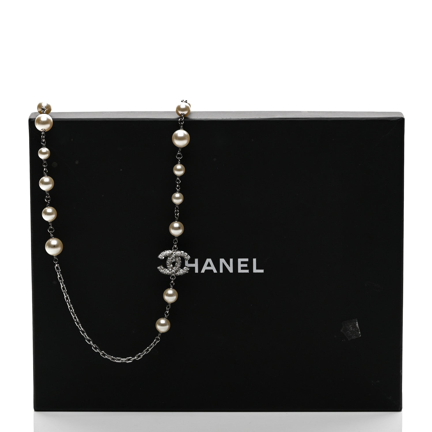 Graduated Pearl Crystal CC Long Necklace Silver