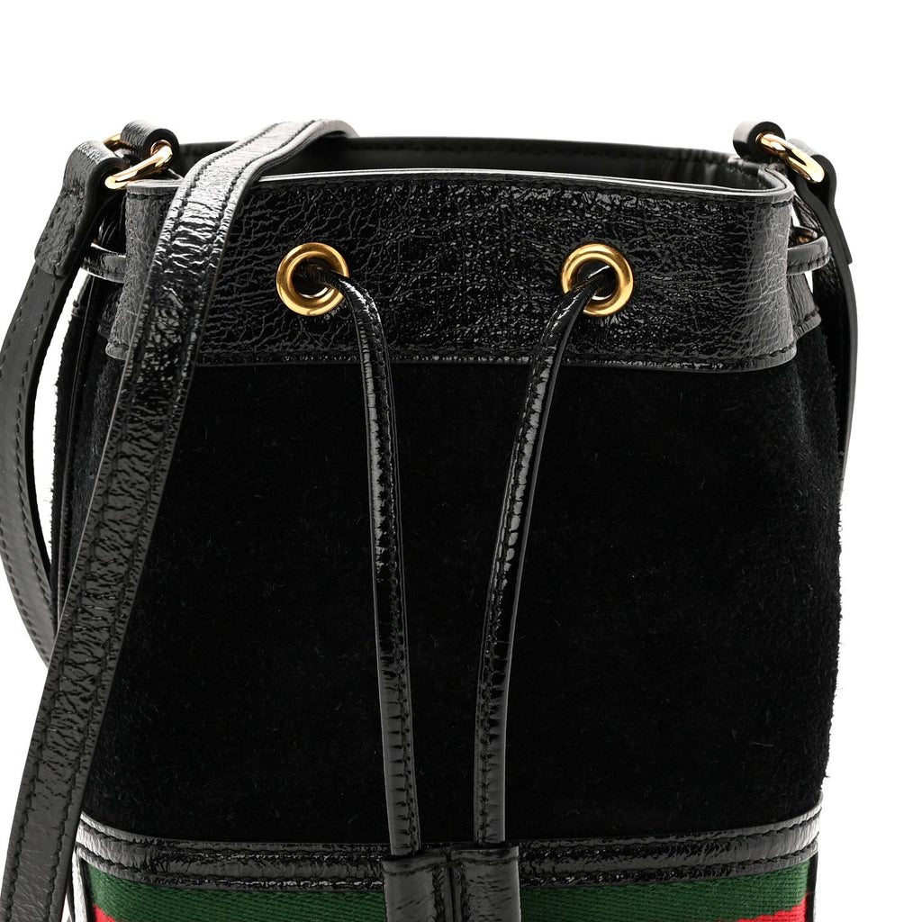 Gucci Suede Patent Web Mini Ophidia Bucket Bag Black